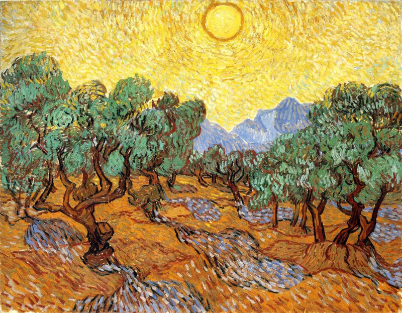 Van Gogh Olive trees with yellow sky and sun