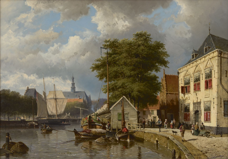 W. Koekkoek City quay with moored ships