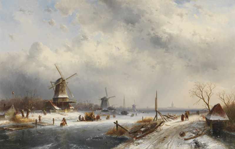 Leickert Winter scene with three windmills