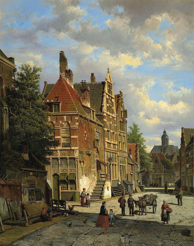 W. Koekkoek Dutch city scene with figures