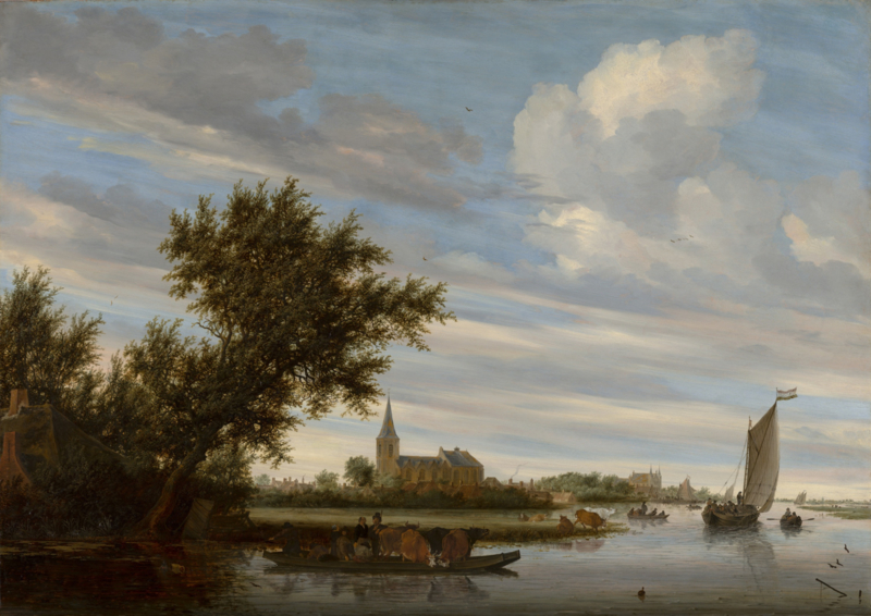 Van Ruisdael River view with church and ferry