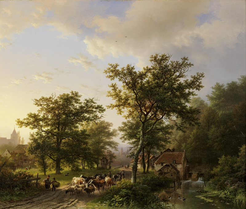 B.C. Koekkoek Landscape with water mill and cattle driving farmers