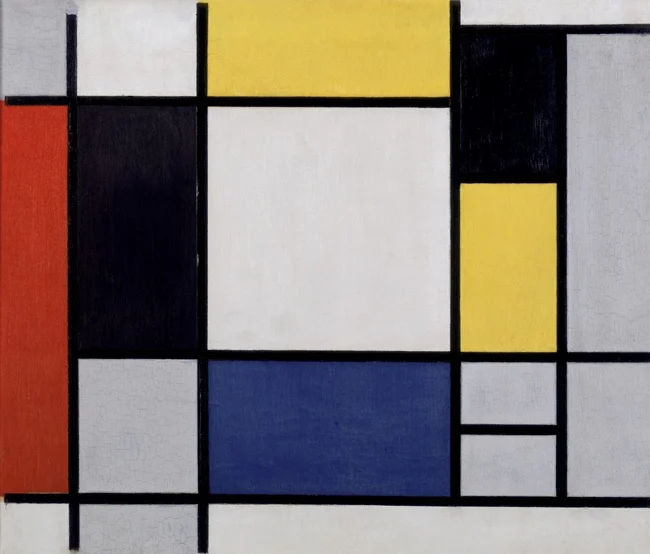 Mondriaan Composition with yellow, red, black, blue and grey