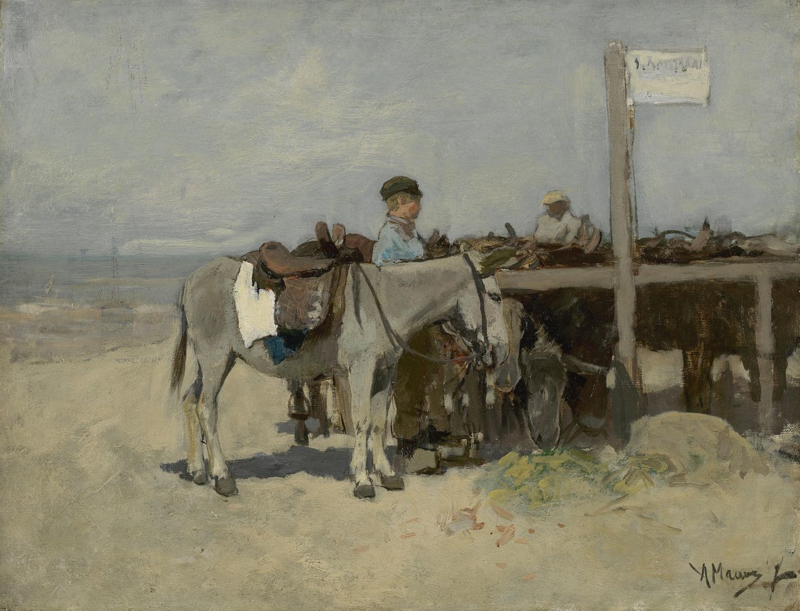 Mauve Donkey stand on the beach of Scheveningen