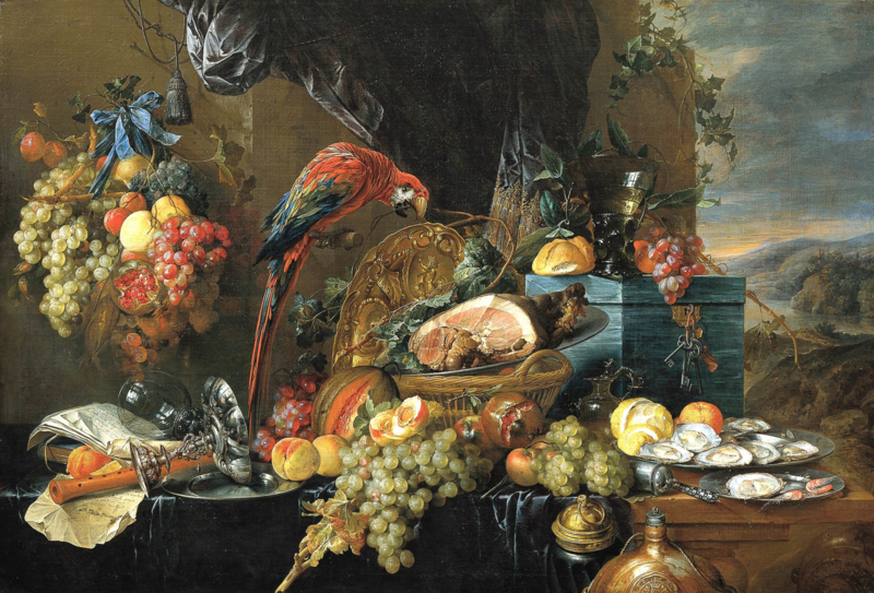De Heem A richly covered table with parrot