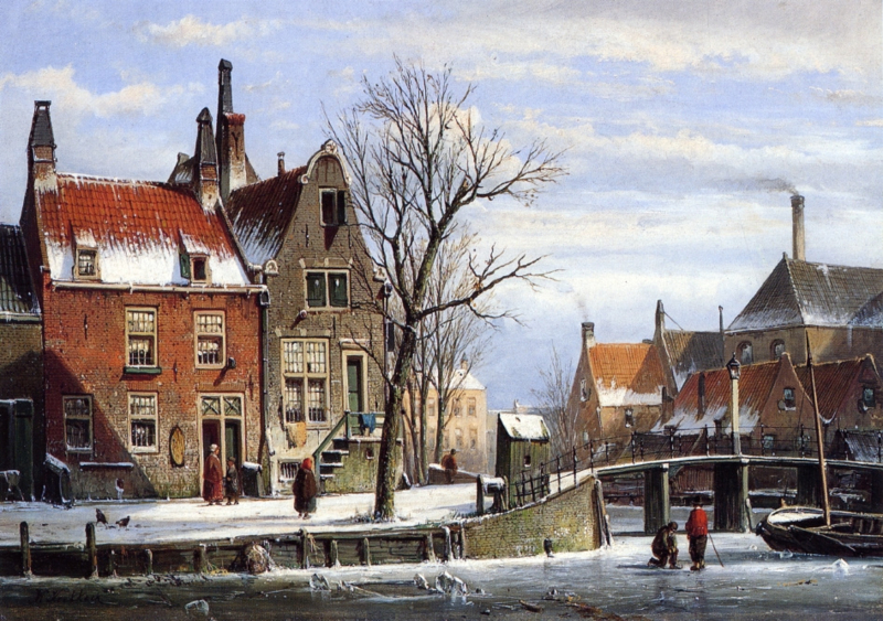 W. Koekkoek City in winter with skaters