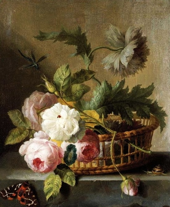 Van Dael Roses and bindweed in a basket
