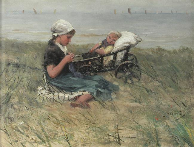 Blommers Knitting girl with sister in the dunes