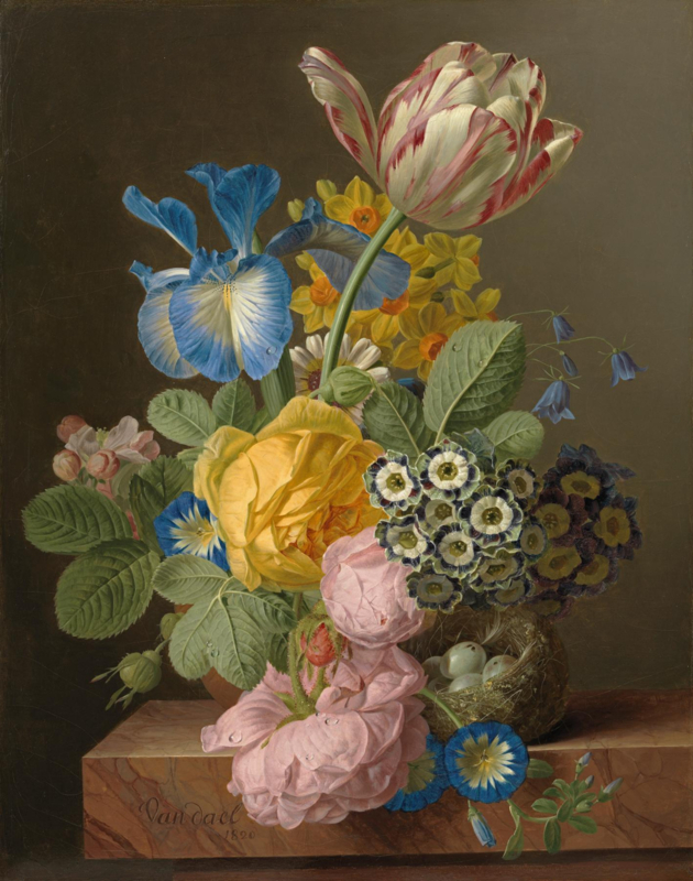 Van Dael Still life with flowers and a bird's nest