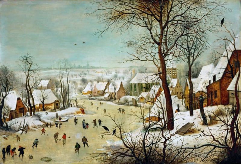 Bruegel Winter landscape with skaters and bird trap