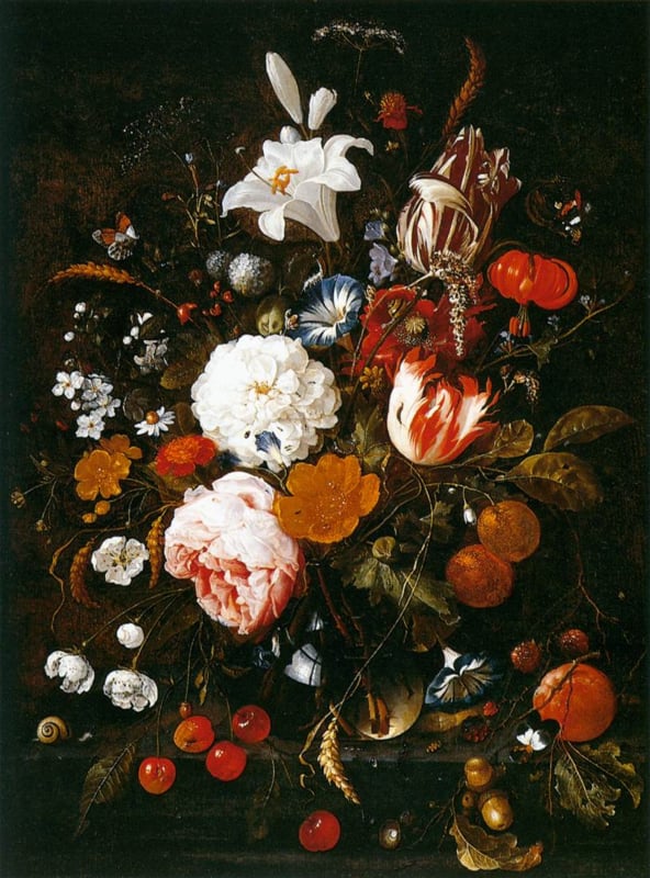 De Heem Still life with flowers in a glass vase and fruit