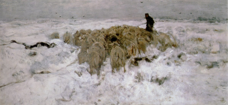 Mauve Flock of sheep with shepherd in the snow