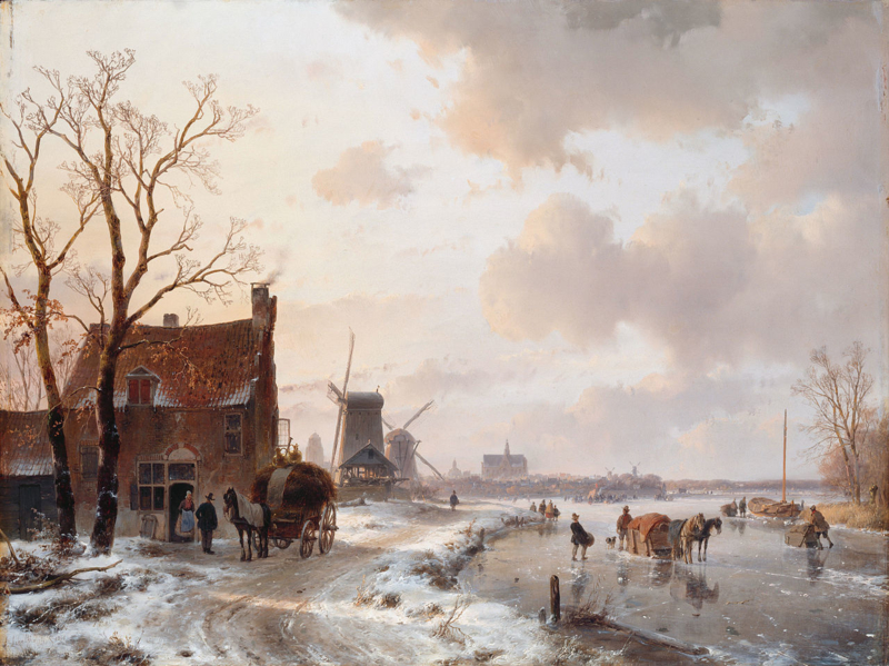 Schelfhout Winter landscape with horses on the ice
