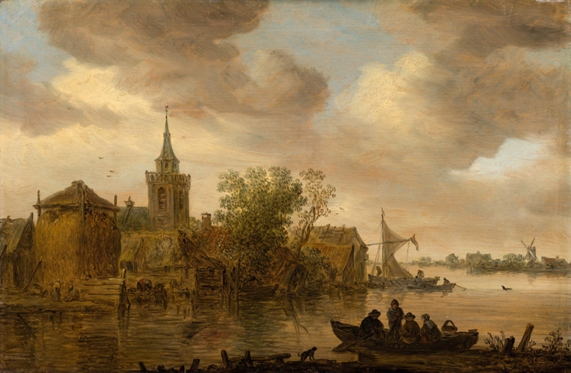 Van Goyen River view with church and farmhouse