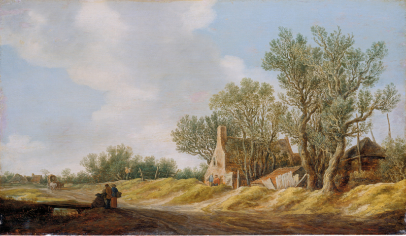 Van Goyen Village street with people resting near a bridge