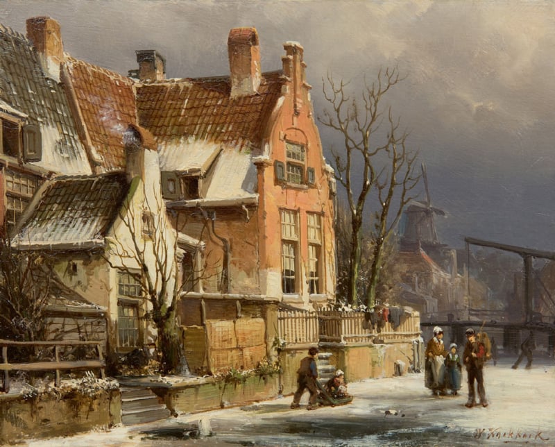 W. Koekkoek Dutch town with figures on the ice
