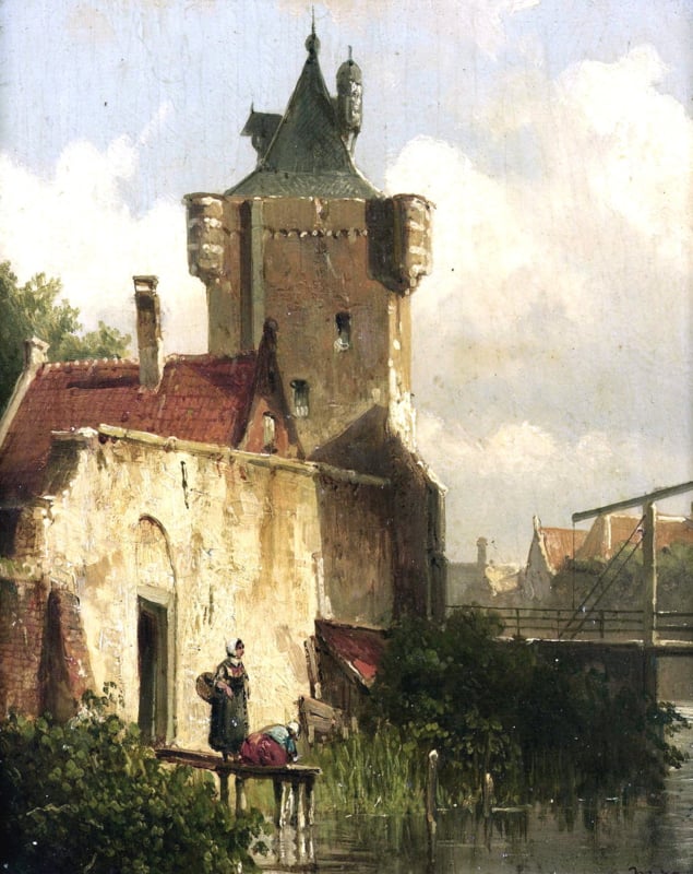 W. Koekkoek Figures along the side of a canal