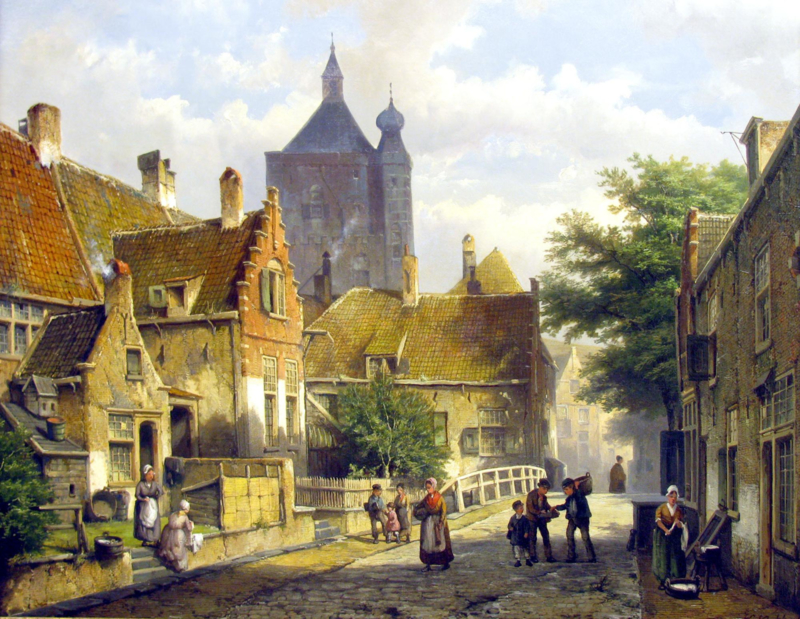 W. Koekkoek Villagers on a sunny Dutch street