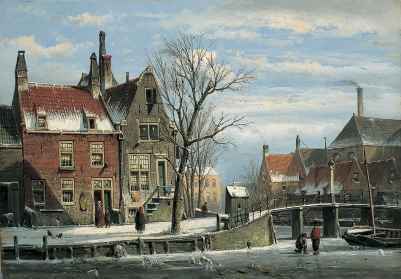 W. Koekkoek Winter cityscape with figures near a bridge