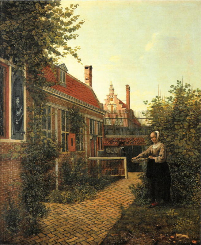 De Hooch A woman with a basket of beans in a garden