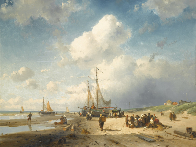 Leickert Beach scene with fishermen