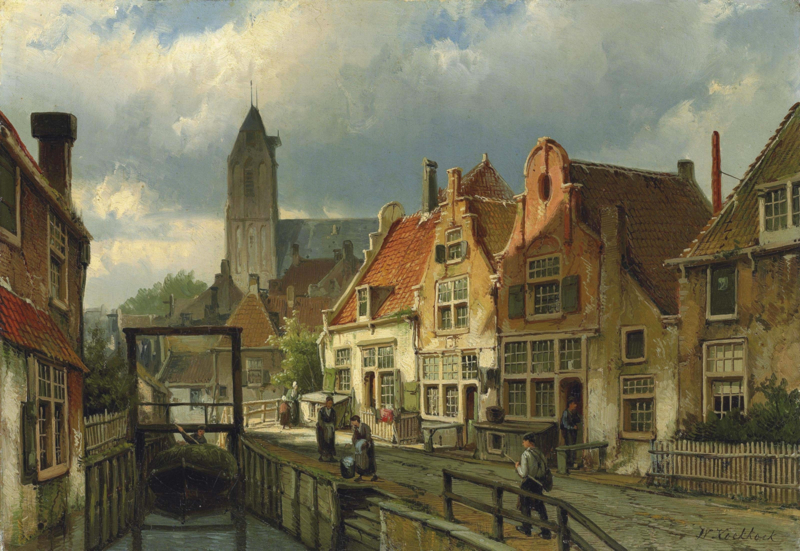 W. Koekkoek Figures near a canal in Oudewater