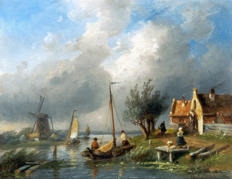 Leickert Sailing boats on a canal near a mill