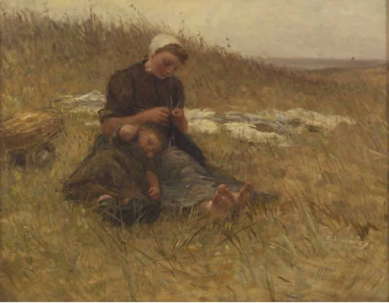 Blommers Knitting fisherwoman with sleeping child
