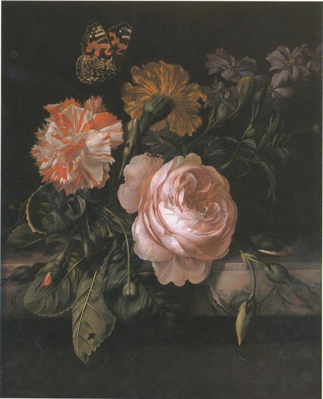 Van Aelst Flowers with a butterfly on a marble ledge