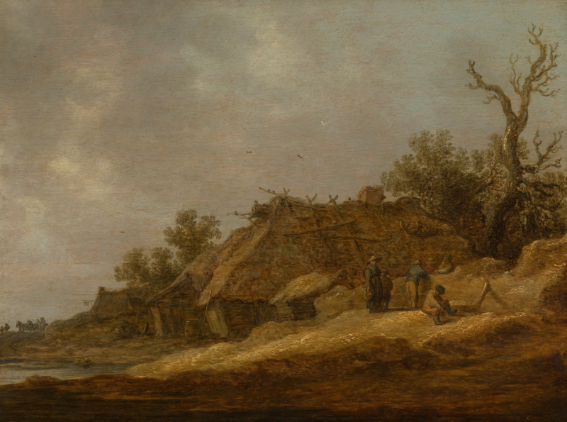 Van Goyen Country people at a dilapidated farmhouse